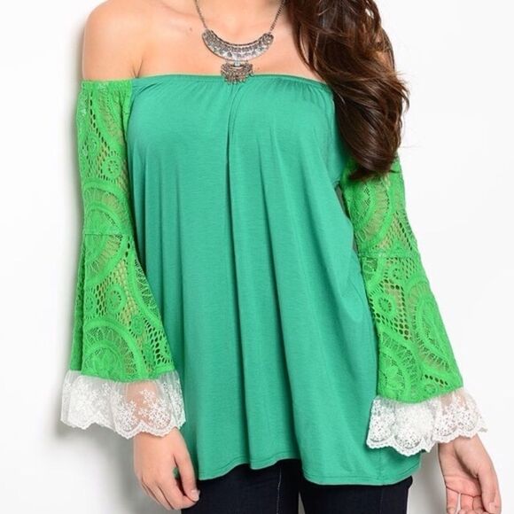 Final Price | Green and White Off Shoulder Crochet Bell Sleeve Lace Peasant Top - Picture 2 of 3